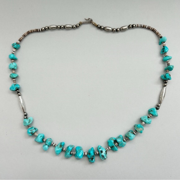 Vintage Southwestern Turquoise Nugget Heishi Sterling Silver Necklace - Picture 4 of 10